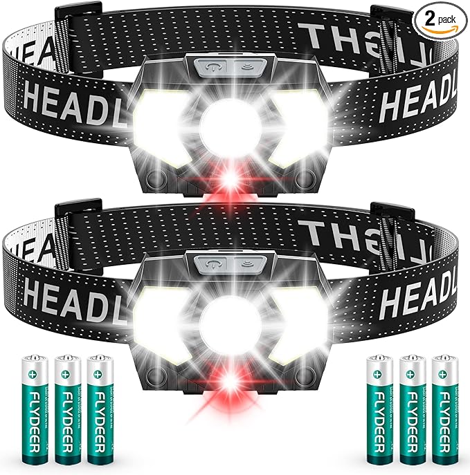 LED Headlamp Battery Powered, Headlight COB 2pcs 1500 Lumens, AAA Batteries Included, 7 Light Modes with Red Light, Headlamps IPX5 Waterproof Suitable for Camping, Jogging and Hiking