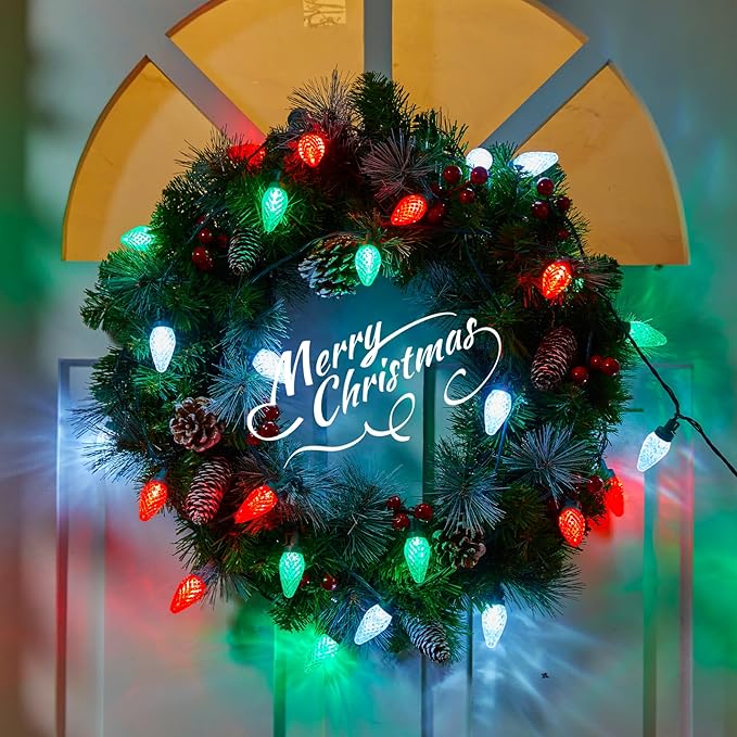 C9 LED Christmas Lights Outdoor, 81 Feet 100 LED String Lights with Timer & 8 Light Mode, Waterproof Connectable Christmas Tree Lights for Outside Indoor Roofline Patio Decor, Red, Green & Pure White