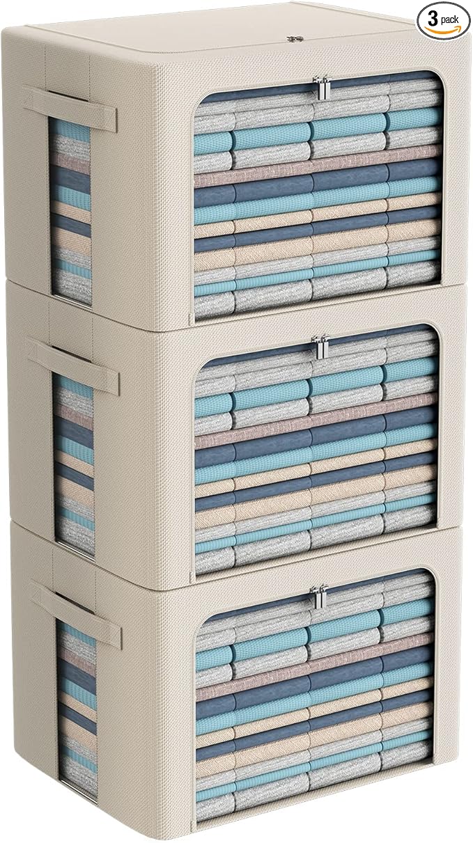 3Pack Frame Storage Box - Clothes Storage Bin Bags Oxford Fabric Foldable Stackable Container Organizer Set with Clear Window & Carry Handles Large Capacity (Beige, Extra Large-100L)