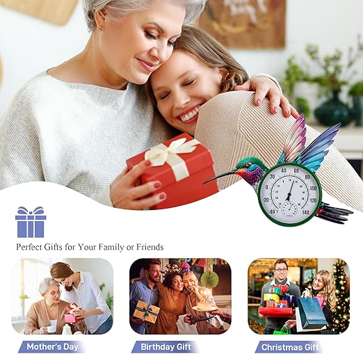 Large Outdoor Thermometer, Hummingbird Wall Thermometers Hygrometer No Need Battery, Retro Sun Outside Thermometer Decoratibve for Backyard, Garden, Living Room