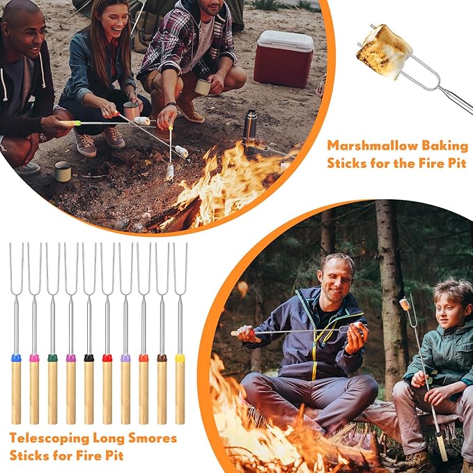 Minatee 28 Inch Marshmallow Roasting Sticks Bulk, Smores Skewers for Fire Pit, Hot Dog Camping Skewers Accessories Campfire Marshmellow Extendable Forks BBQ Tools Smores Sticks (12 Pcs)