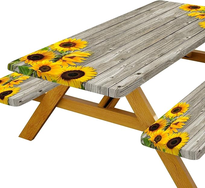 3 Pcs Sunflower Wooden Picnic Table Cover with Bench Covers,30X60 Inch Rustic Sunflower Waterproof Fitted Picnic Table Cloths Wood Texture Elastic Outdoor Picnic Tablecloth for Camping Patio Travel