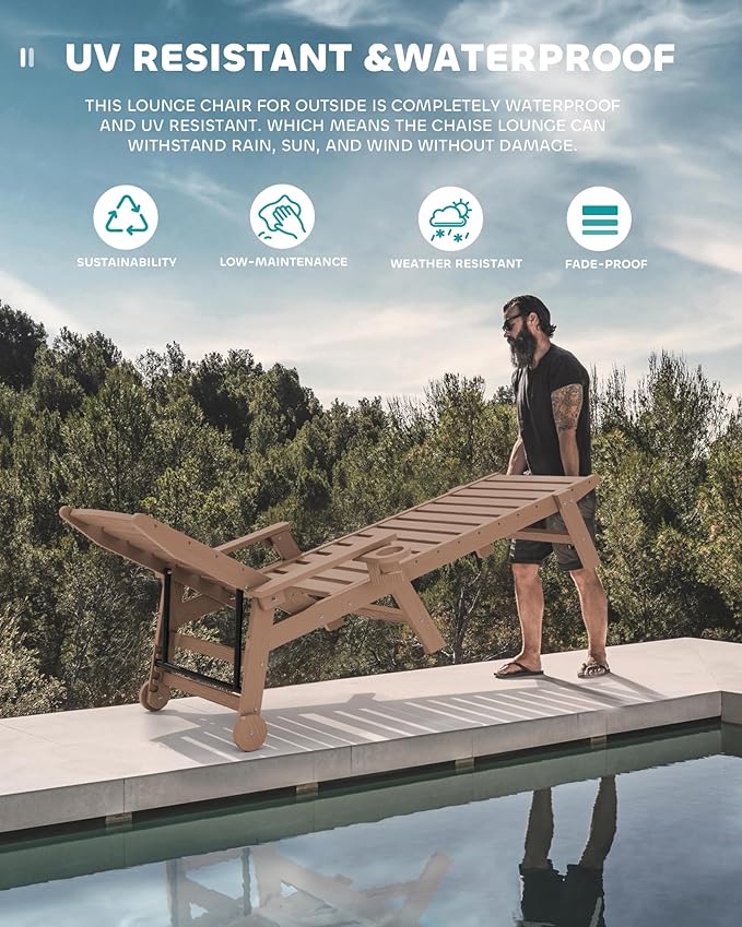 SERWALL Patio Chaise Lounge Chair, 78'' Long HDPE Outdoor Lounge Chair, 5 Positions Adjustable Poly Lounge Chair with Rolling Wheels & Cup Holder for Pool, Brown