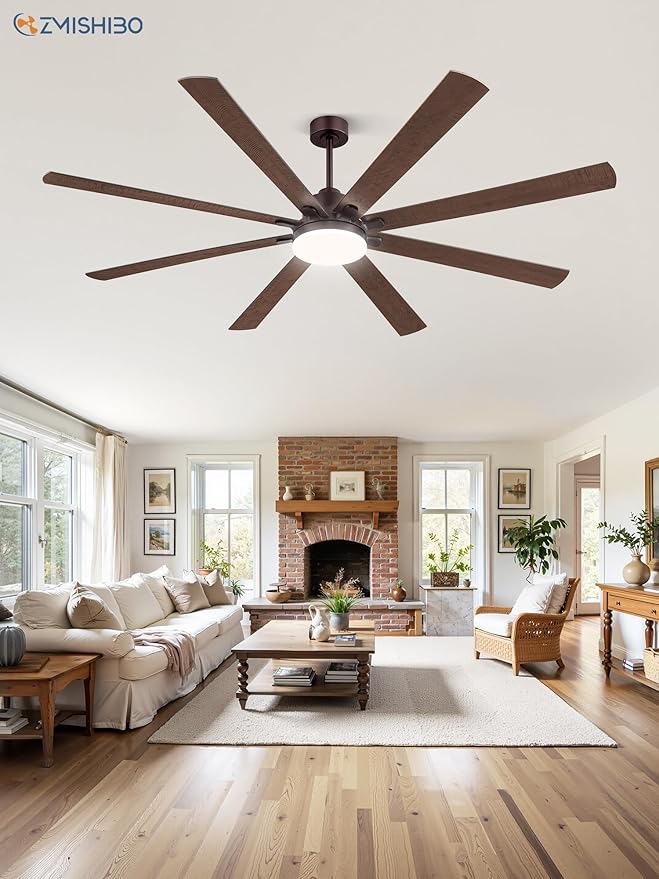 ZMISHIBO 80 Inch Industrial Ceiling Fan, Indoor/Outdoor Ceiling Fans with Large LED Panel, Quiet Reversible DC Motor, 6-Speeds, 3CCT, Brown Farmhouse Ceiling Fan for Patio, Livingroom, Garage