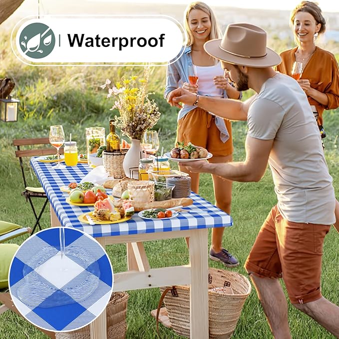 misaya Buffalo Rectangle Picnic Tablecloth, 6 Foot Elastic Fitted Vinyl Table Cloth with Flannel Backing, Waterproof Plaid Table Covers for Dining, Camping, Outdoor (Blue and White, 30" x 72")