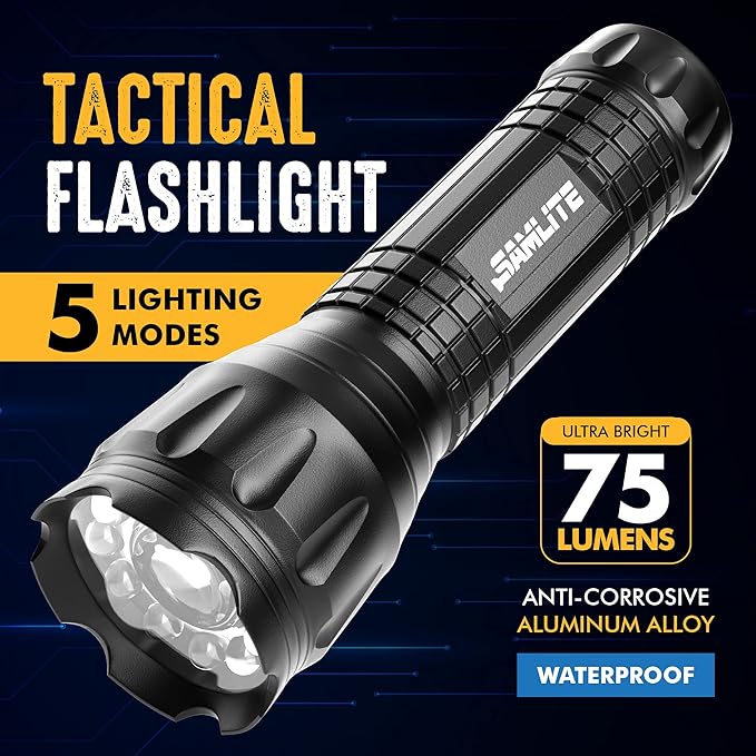 SAMLITE- LED Tactical Flashlight with 5 Options, Bright LED Light, Laser Pointer, UV Blacklight, Green Light and Magnetic Bottom - Water Resistant - (3 AAA Batteries Included)