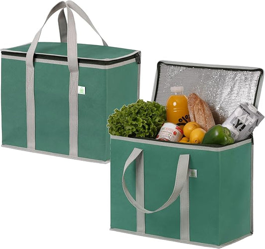 VENO 2 Pack Cooler Bag and Insulated Grocery Bags for Food Delivery, Collapsible Cooler, Reusable Shopping Bags for Groceries with Zipper, Foldable, Heavy-Duty, Stands Upright (Green, 2 Pack)
