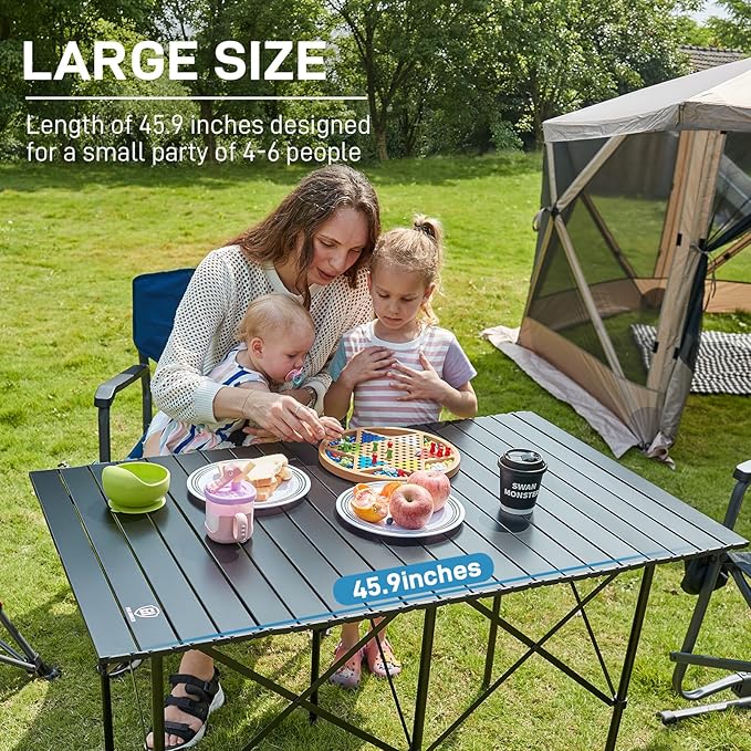 EVER ADVANCED Camping Table, Fold up Lightweight, 4-6 Person Portable Roll up Aluminum Table with Carry Bag for Outdoor, Support Up to 110LBS, Black