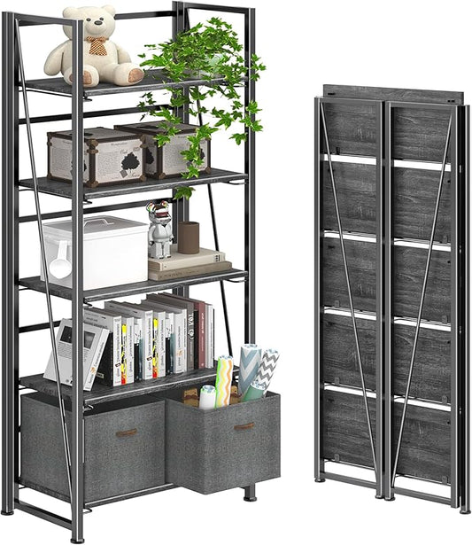 4NM No Assembly Folding Bookshelf, 5-Shelf 62.2" H Collapsible Foldable Bookcase Storage for Small Spaces, Gray and Black