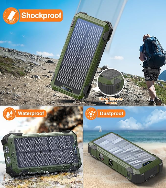 Army Green Solar Power Bank 42800mAh, 15W Wireless Portable Charger with Built-in Cables, 5 Outputs & 3 Inputs, Outdoor Battery Pack with LED Flashlight, Fast Charging for iPhone, Samsung, iPad