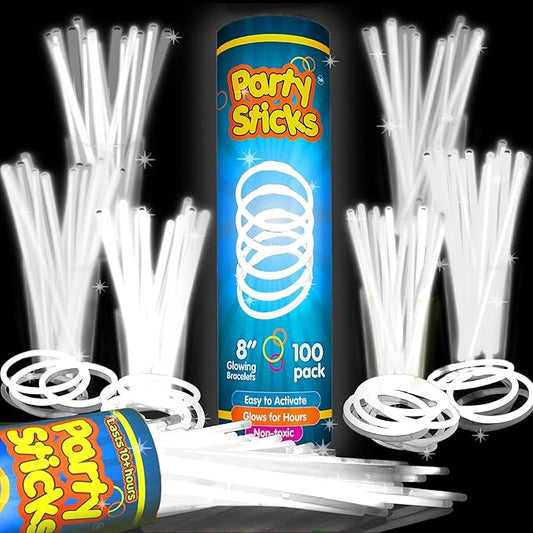 PartySticks Glow Sticks Party Supplies 100pk - 8 Inch Glow in The Dark Light Up Sticks Party Favors, Glow Party Decorations, Neon Party Glow Necklaces Glow Bracelets Connectors (White) (TN-1224962)