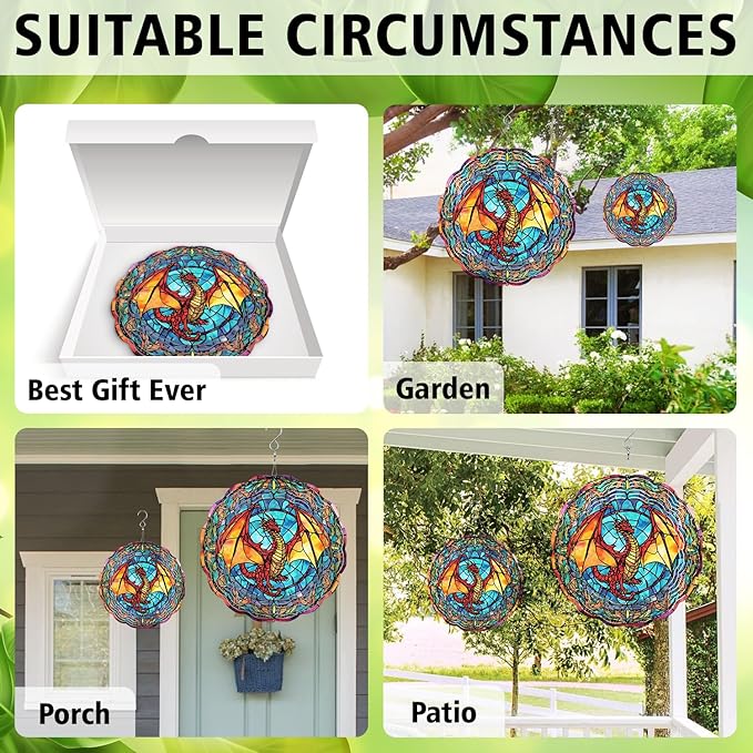 Dragon Wind Spinner, Dragon Wind Spinner Hanging for Yard and Garden, Unique Gift Wind Spinner, 3D Hanging Wind Spinner Outdoor, Cute Dragon Wind Spinner