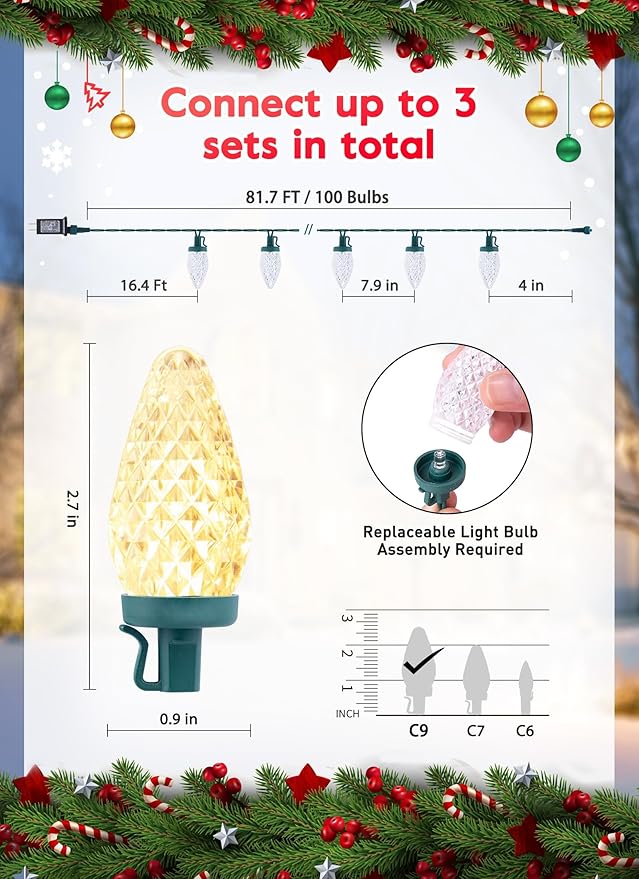 C9 LED Christmas Lights Outdoor, 81 Feet 100 LED String Light with Timer & 8 Lighting Mode, Waterproof Commercial Grade Christmas Tree Lights for Outside Indoor Roofline Patio, Warm White|2 Pack