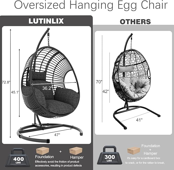 Oversized Hanging Egg Chair Outdoor Indoor, Wicker Swing Egg Chair with Stand 400lbs Capacity for Bedroom, Patio, Garden and Balcony (Black-Regular, Oversize)