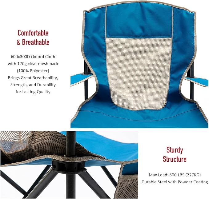 SUNNYFEEL Oversized Folding Camping Chair 500 LBS Heavy Duty Lawn Chairs for Adults Blue Portable Folding with Armrest, Cup Holder, Pocket ＆Bag for Outdoor Camping/Beach/Travel/Picnic/Fishing