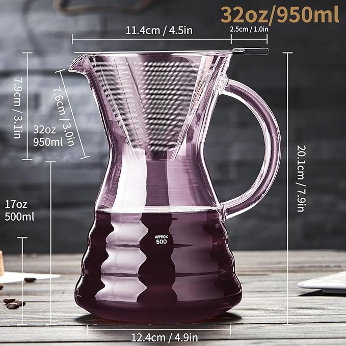 Unbreakable - Pour Over Coffee Maker with Permanent Stainless Filter 32 fl oz, Thickened Heat-Resistant Borosilicate Glass Dripper Coffee Brewer, Stovetop Safe, Pink