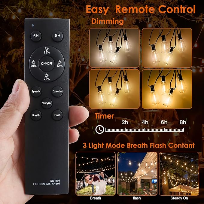 2 Pack 120FT Solar String Lights Outdoor,Solar Patio Lights Waterproof with Remote & 80+4 Dimmable ST38 Shatterproof LED Bulbs,Commercial Grade Solar Powered String Lights for Outside
