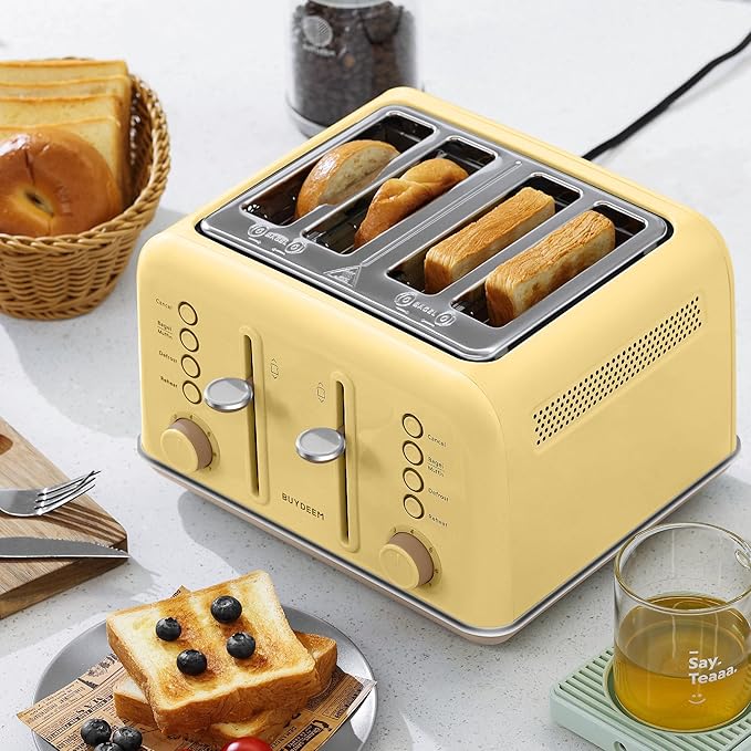 BUYDEEM DT640 Retro 4 Slice Toaster, 7 Shade Settings, Extra Wide 1.5'' Slots, Stainless Steel Toaster with Bagel Muffin Defrost Reheat Function, Yellow