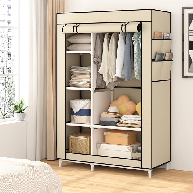 Calmootey Portable Closet Organizers, Clothing Storage, Wardrobe with 6 Shelves and Hanging Rod, Non-Woven Fabric Cover with 4 Side Pockets, Beige
