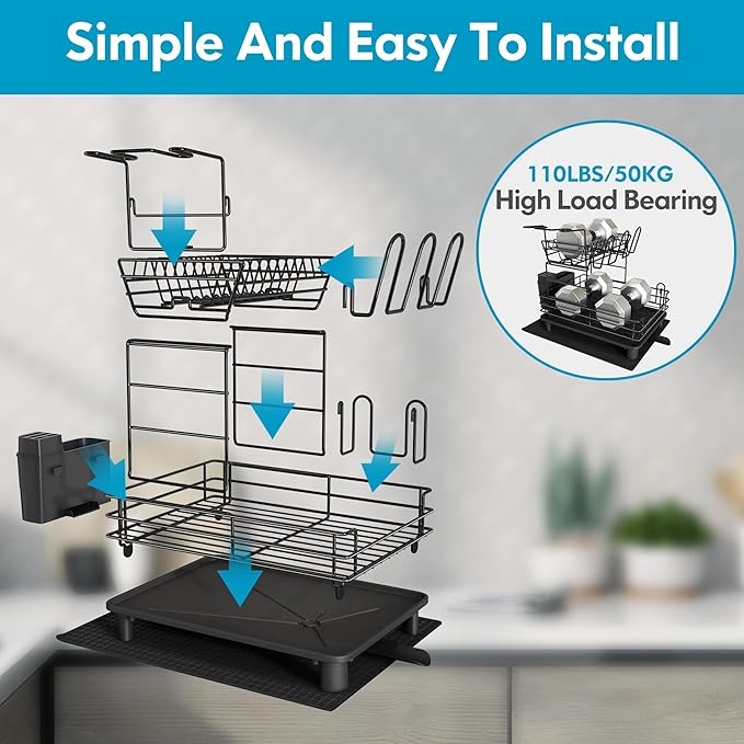 2 Tier Black Large Stainless Steel Dish Drainers Drying Rack for Kitchen Counter with Drainboard, Rust Proof Metal, Space Saving, Modern Aesthetic, Compact Plates Strainers with Extra Mat