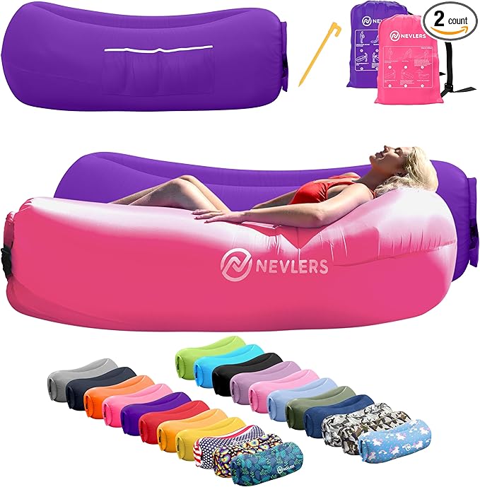 Nevlers 2 Pack Inflatable Loungers Air Sofa Couch | Perfect for Beach Chair Camping Chairs or Portable Hammock |Travel Bag Pouch, Pegs & 3 Pockets| Movie Seating & Camping Accessories Blow Up Lounger