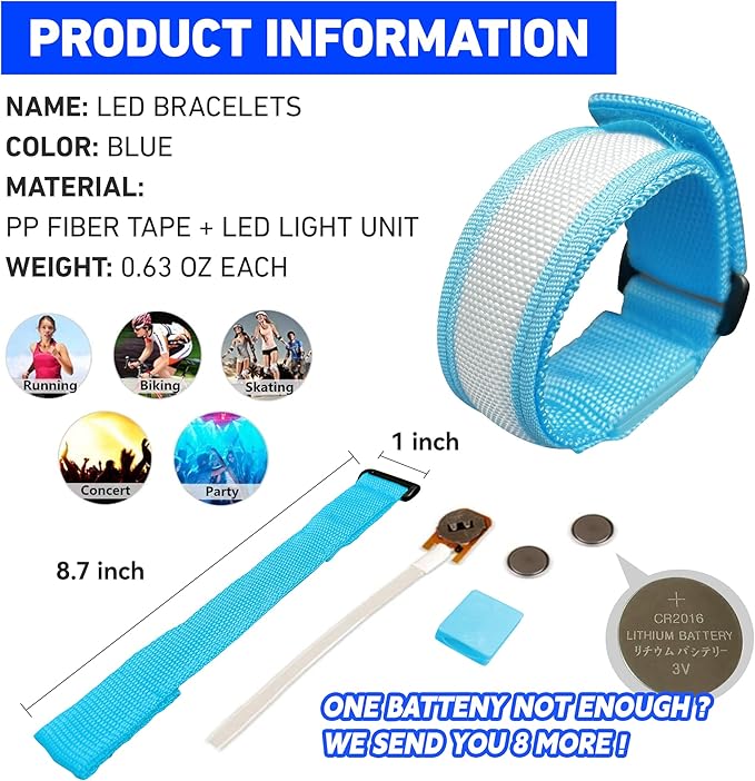 8 PCS LED Glow Bracelets, Light Up Wristbands - Halloween Glow in The Dark Party Bracelets Favors Supplies for Christmas, Concerts, Festivals, Game Prizes, Sports, Rave Accessories（Blue）