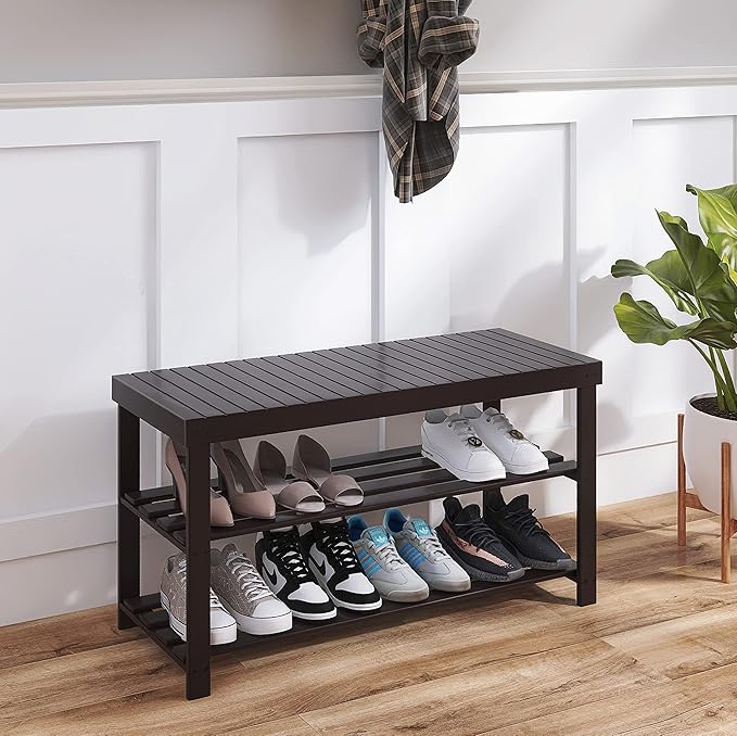 SMIBUY Sturdy Bamboo Shoe Rack Bench, 3-Tier Shoe Organizer, Storage Shelf for Entryway Hallway Bathroom Living Room (Dark Brown)