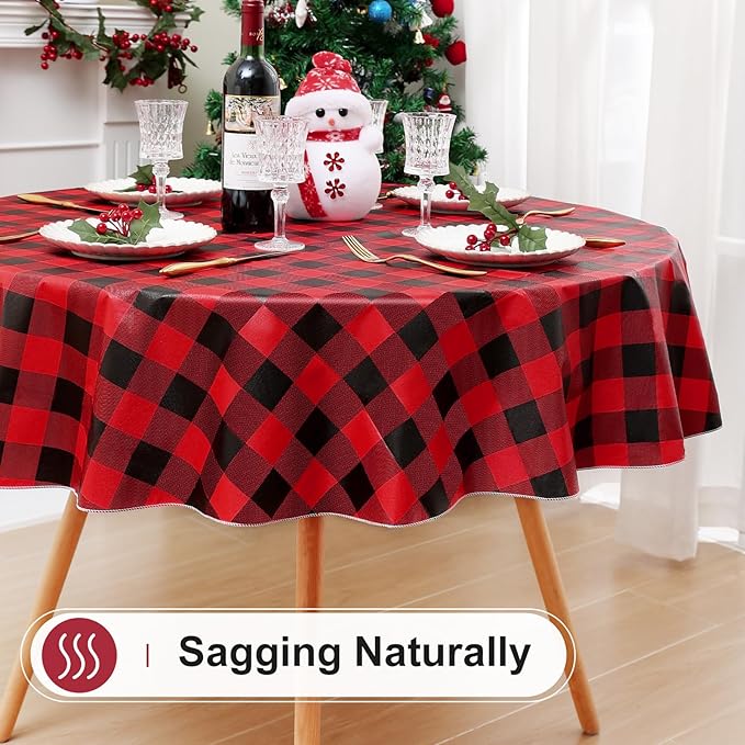 misaya Round Waterproof Vinyl Table Cloth, Buffalo Flannel Backed Tablecloth, Wipeable Plastic Table Cover for Dinner, Kitchen, Picnic (60", Red and Black)