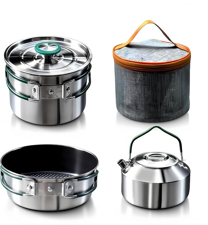 Stainless Steel Camping Cookware, durable, easy to clean, and quick to heat up. Compact camping cookware set, perfect for family picnics, camping, backpacking, hiking.