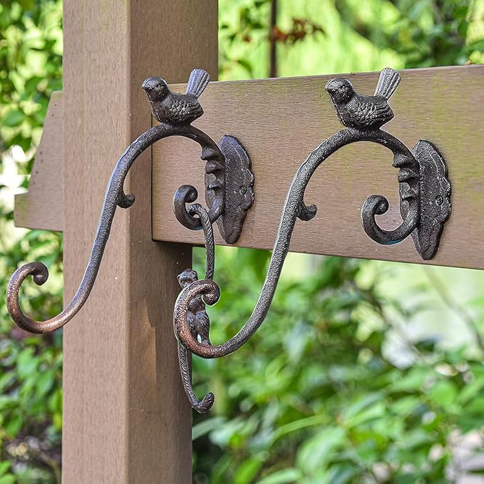 Sungmor Cast Iron Plant Hanger Wall Hooks, Heavy Duty Hanging Basket Brackets, Lovely Bird Shape & 10 inch & 2PC Brown, Decorative Wall Hangers for Planters Lanterns Bird Feeders Houses Wind Chimes