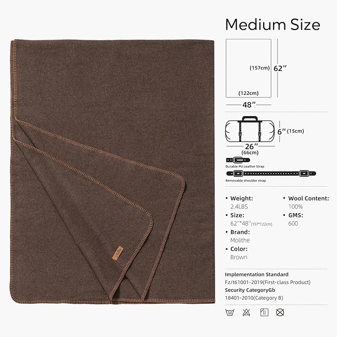100% Wool Blanket, 48" x 62", Warm, Thick, Washable, Military Wool Blanket, Great for Camping, Outdoors, Sporting Events, Survival Kits, Brown