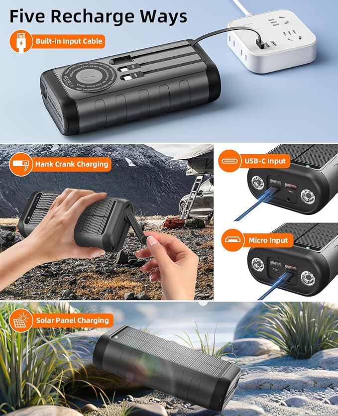 Solar Charger, 59800mAh Portable Power Bank for All Phones, Outdoor Waterproof Battery Pack Built in Hand Crank, 15W Wireless Charger 6 Outputs & 3 Inputs/LED Flashlights, Perfect for Camping Travel