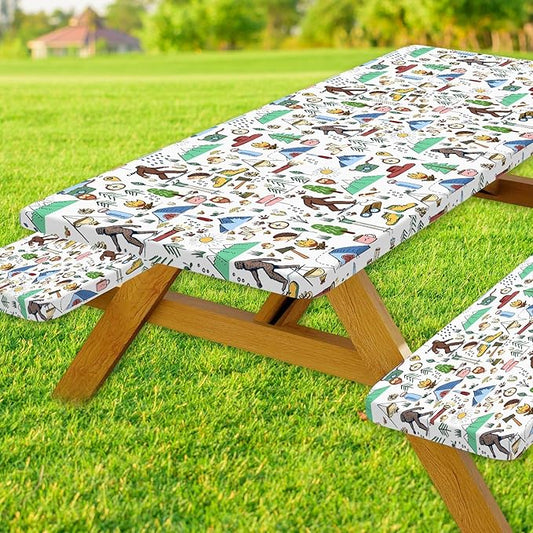 JAWO Picnic Table Covers with Bench Covers Camping Big Foot Adventure Tablecloth 8FT for 8 Person Fitted Picnic Table Cover with Elastic Windproof Waterproof Fabric, Camp Accessories Patio & Outdoor