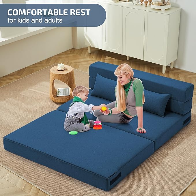 Folding Sofa Bed with Pillows- Convertible Chair Floor Couch & Sleeping Mattress, Foldable Memory Foam Sleeper for Living Room/Dorm/Guest Room/Home Office/Apartment/Loft, Full, Navy Blue