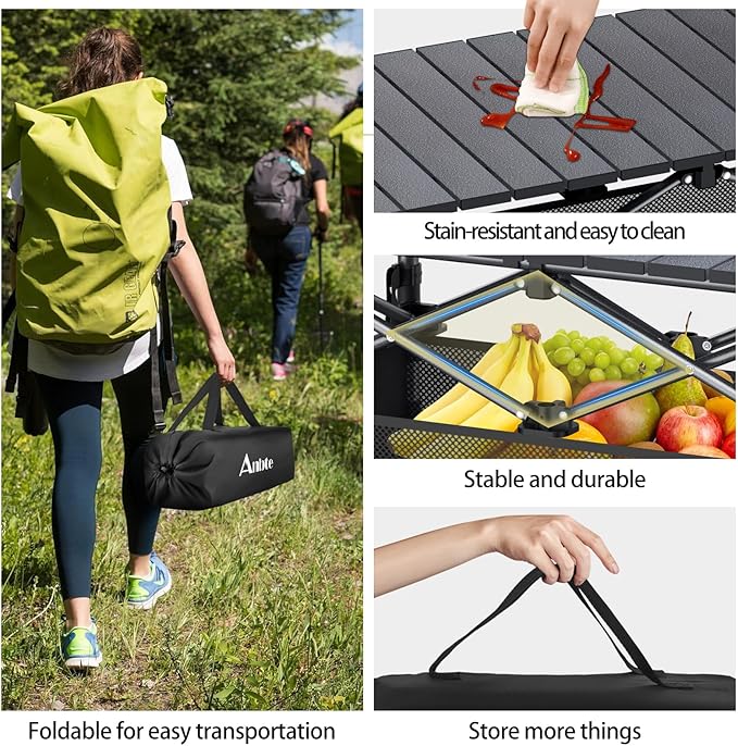 Folding Camping Table, Aluminum Roll Up Camping Table Adjustable Height with Storage Net and Bag, Lightweight Outdoor Table 32.2” X 16”, for Outdoor Travel BBQ Party Picnic, Black