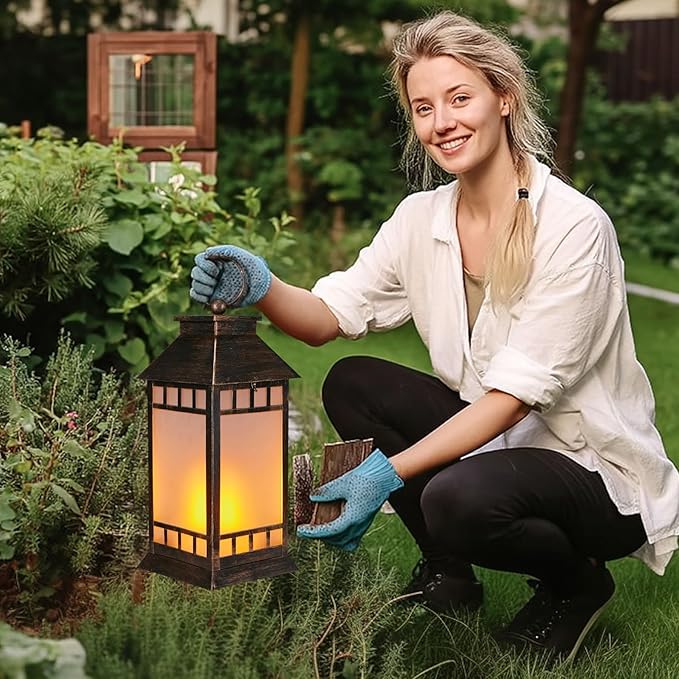 18'' Glass Solar Lantern Outdoor Waterproof, Large Hanging Solar Lanterns with Flickering Flame Lights, Metal Outdoor Lantern Decorative for Patio Garden Backyard Tabletop Mothers Day Gifts Mom