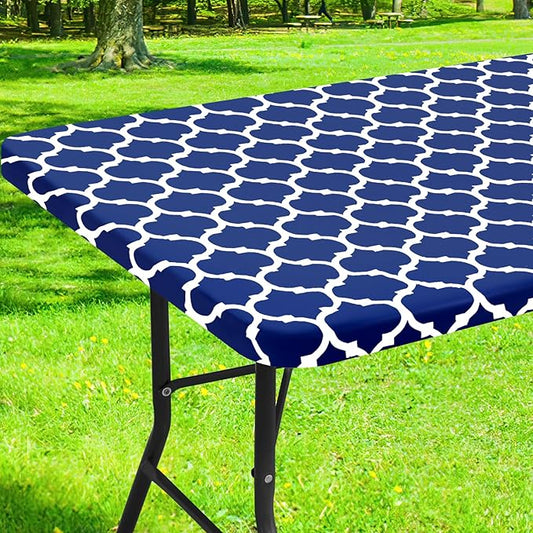 Smiry Rectangle Picnic Table Cover, Waterproof Elastic Fitted Camping Tablecloths for 6 Foot Tables, Wipeable Flannel Backed Vinyl Tablecloth Protector for Indoor, Outdoor (Navy, 30x72 Inches)
