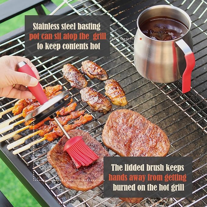 32 OUNCE BBQ Basting Pot with Brush，Grilling Gifts for Men/Women，Stainless Steel 304 Barbecue Sauce Container Brush Set，Airtight Melting Pot for Grill,Kitchen，Camping