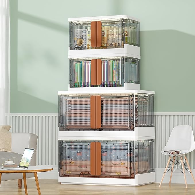 HAIXIN Storage Bins with Lids - Collapsible Storage Bins, Wardrobe Closet Organizer, 19 Gal Stackable Toy Storage, Foldable Plastic Storage Container with Door, Crate for Book Storage (3 Pack)