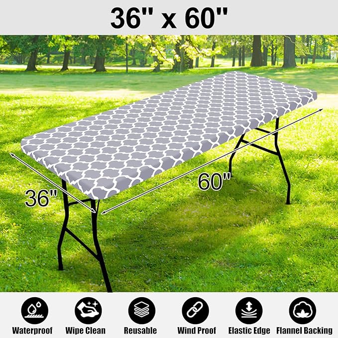 Smiry Rectangle Picnic Table Cover, Waterproof Elastic Fitted Camping Tablecloths for 5 Foot Tables, Wipeable Flannel Backed Vinyl Tablecloth Protector for Indoor, Outdoor (Grey, 36x60 Inches)