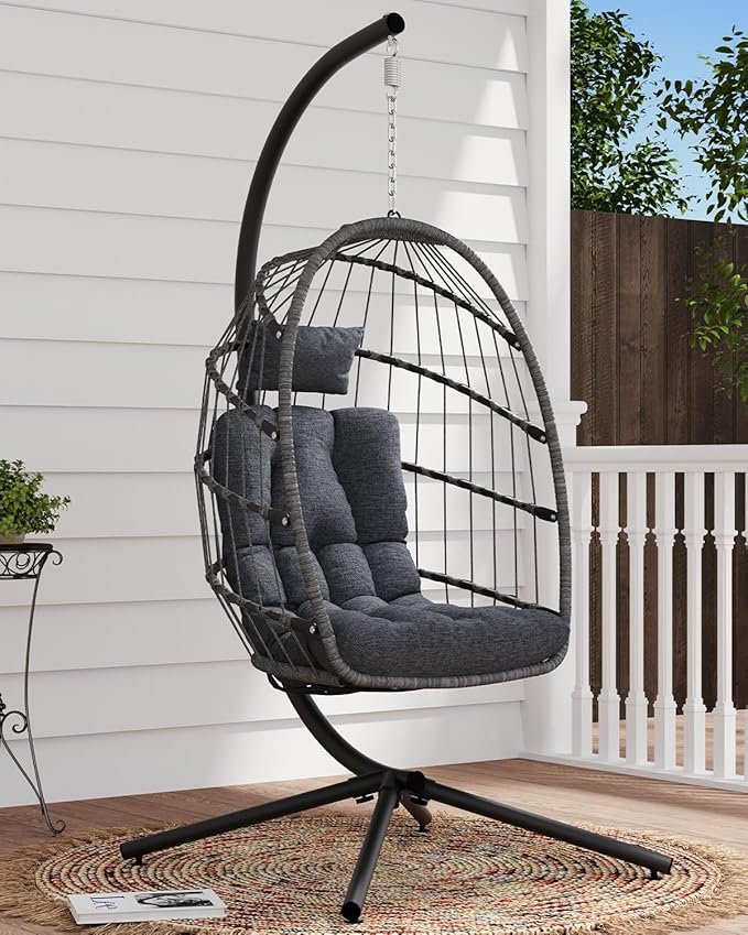 SWITTE Egg Chair Outdoor with Stand, Indoor Wicker Hanging Egg Swing Chair with Cushion, 350lbs Capacity for Patio, Bedroom, Garden - Dark Grey