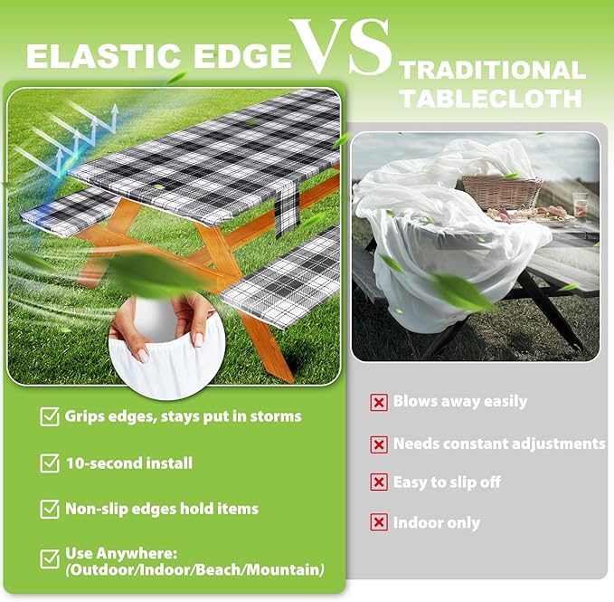 Fitted Picnic Table Cover with Bench Covers Waterproof Elastic Edges Rectangle Patio Tablecloth Outdoor Camping Essentials Stuff Rv Accessories Summer Trip Travel Camper Gifts for Woman Men, 72in 6 ft