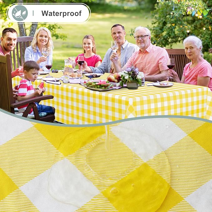 misaya Rectangle Waterproof Vinyl Table Cloth, Buffalo Flannel Backed Tablecloth, Wipeable Plastic Table Cover for Dinner, Kitchen, Outdoor (54" x 108", Yellow and White)