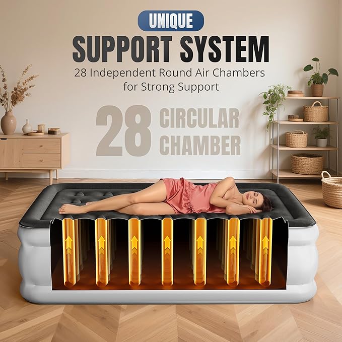 Full Air Mattress with Built-in Pump, 18" Top Inflatable Mattress with Waterproof Flocking Fabric, Three-Minute Quick-Inflatable Bed. Portable Blow Up Mattress for Home, Outdoor and Guests