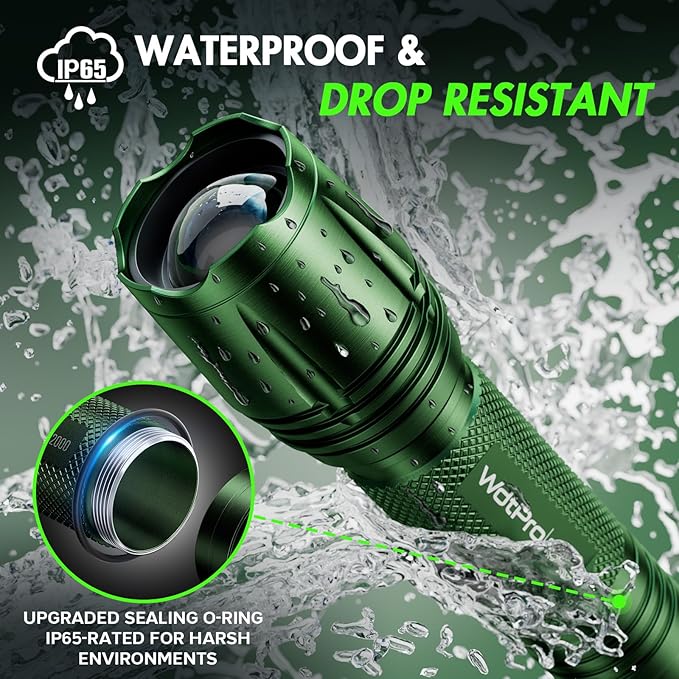 WdtPro LED Flashlight High Lumens SR2000 Pro, 2 Pack Brighter Tactical Flashlights with 5 Modes & Zoomable, Powerful Mini Flash Light for Emergency, Camping, Hiking (Green)