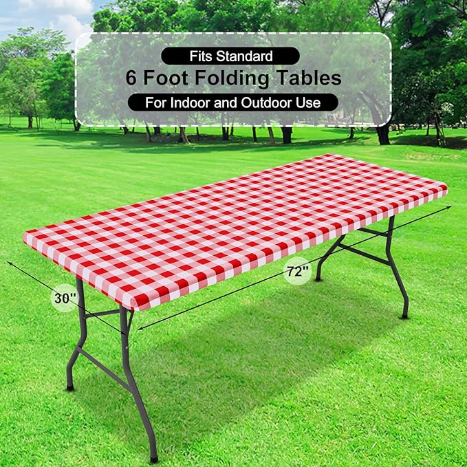 misaya Buffalo Rectangle Picnic Tablecloth, 6 Foot Elastic Fitted Vinyl Table Cloth with Flannel Backing, Waterproof Plaid Table Covers for Dining, Camping, Outdoor (Red and White, 30" x 72")