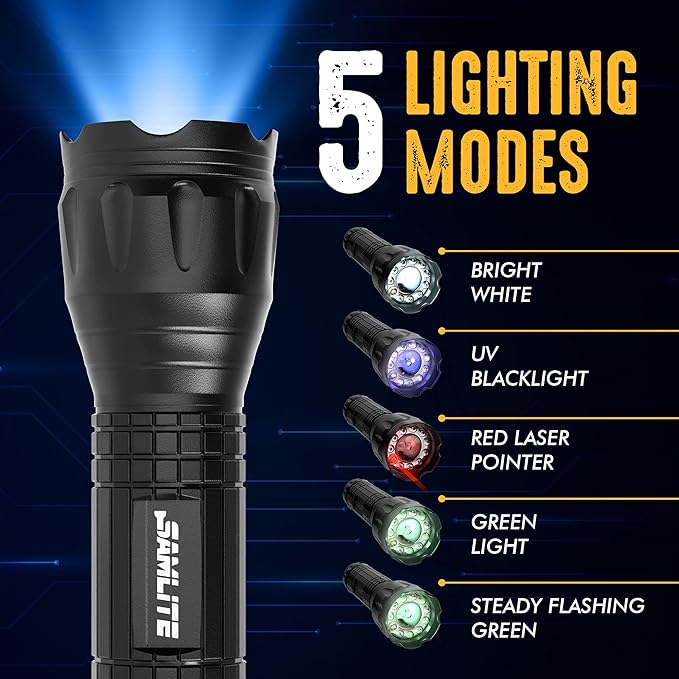 SAMLITE- LED Tactical Flashlight with 5 Options, Bright LED Light, Laser Pointer, UV Blacklight, Green Light and Magnetic Bottom - Water Resistant - (3 AAA Batteries Included)