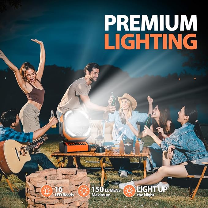 MORECORE 20000mAh Rechargeable Camping Fan with Light, 112HRS Running, 8-Speed, Auto Oscillating, Timer, LED Digital Display, 270°Pivot with Hook for Tent RV Emergency Garage-Orange