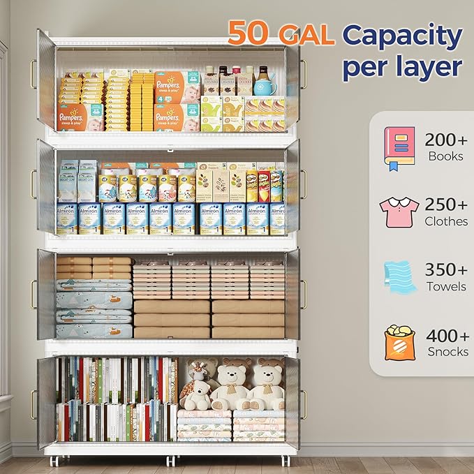 200GAL Extra Large Stackable Storage Bins with Lid, 800QT Plastic Closet Organizer and Storage Cabinet with Wheels and Doors, Folding Storage Box Container for Home Organization, 4Pack White