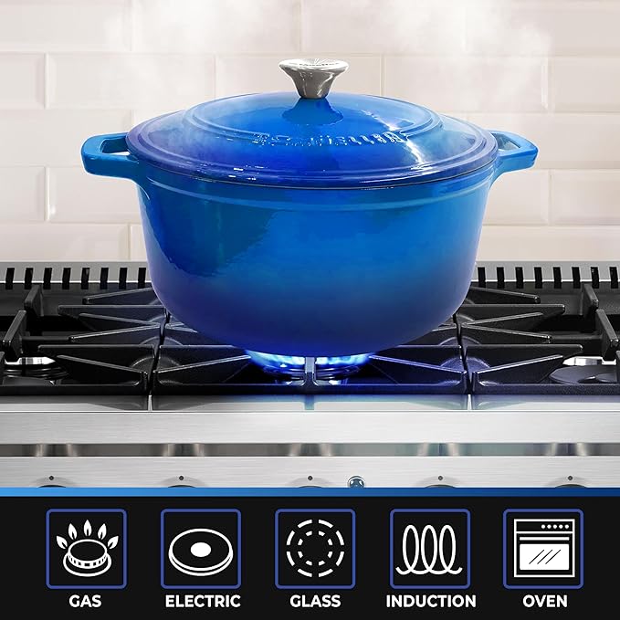 MÜELLERHOME 7.5 QT Enameled Cast Iron Dutch Oven, Heavy-Duty Casserole Dish and Braiser Pan with Lid and Stainless Knob, Oven-Safe up to 500° F & Across All Cooktops, Aqua Blue